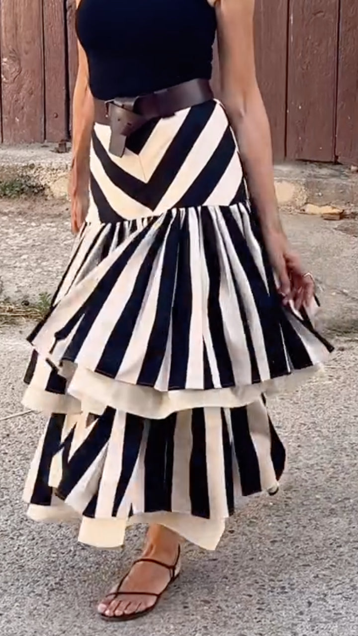 Black And White Stripe Tiered Maxi Skirt
