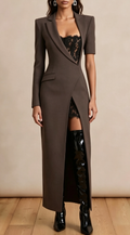 Brown Asymmetric Blazer Midi Dress