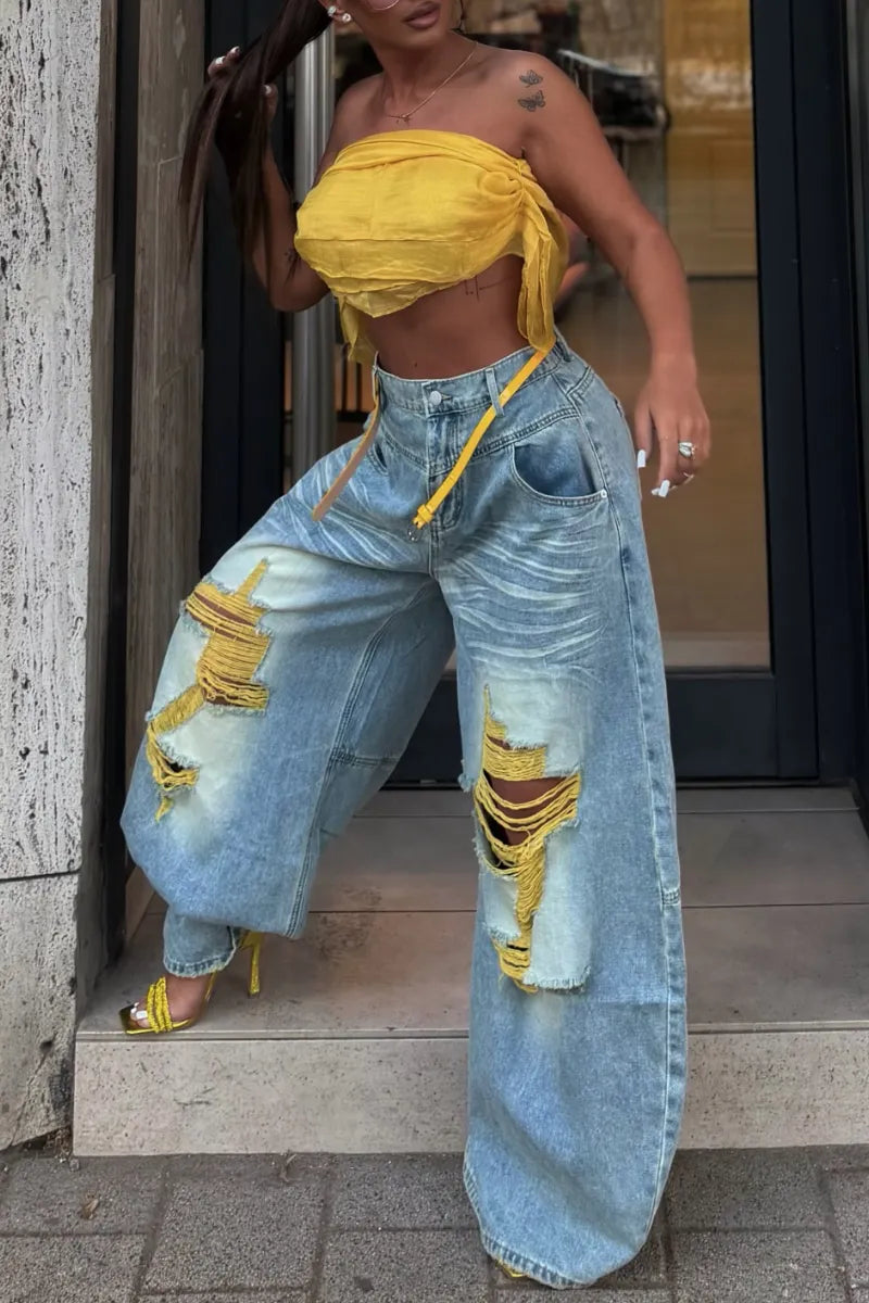 Acid Wash Yellow‑Thread Ripped Baggy Jeans