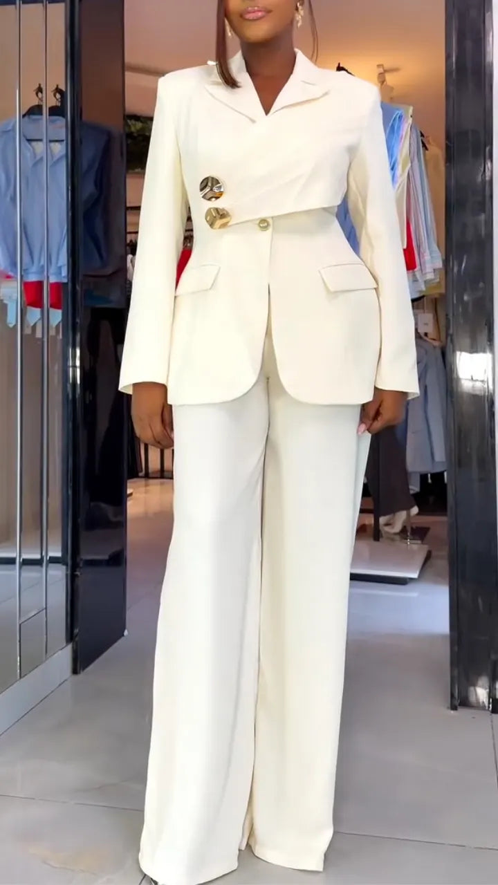 Women Collar Splicing Jacket+ Wide Leg Pants Temperament Commuting Formal Suit