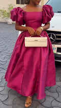 Magenta Satin Puff Sleeve Midi Evening Dress