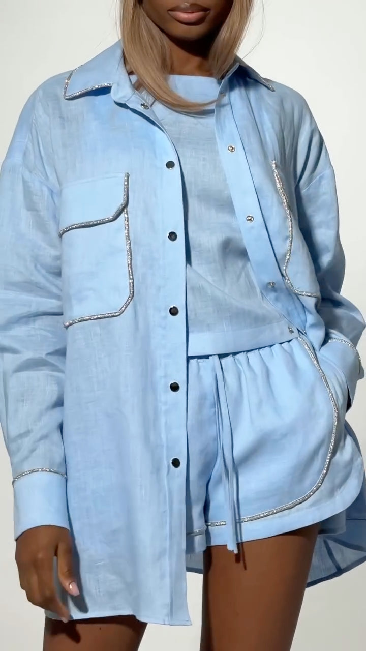 Light Blue Rhinestone Trim Linen Shirt And Shorts Three‑Piece Set