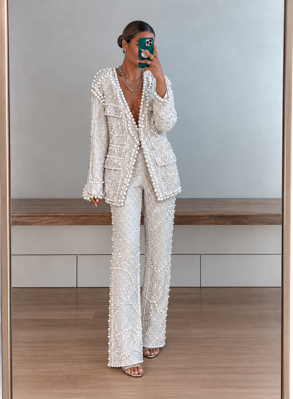 White Pearl Beaded Blazer Flared Pants Two‑Piece Set