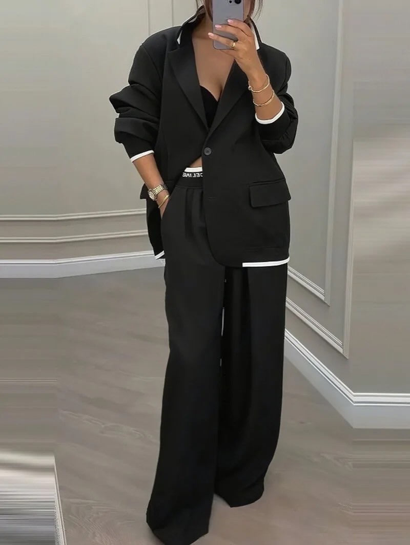 Contrast Trim Oversized Blazer And Wide Leg Pants Two Piece Set