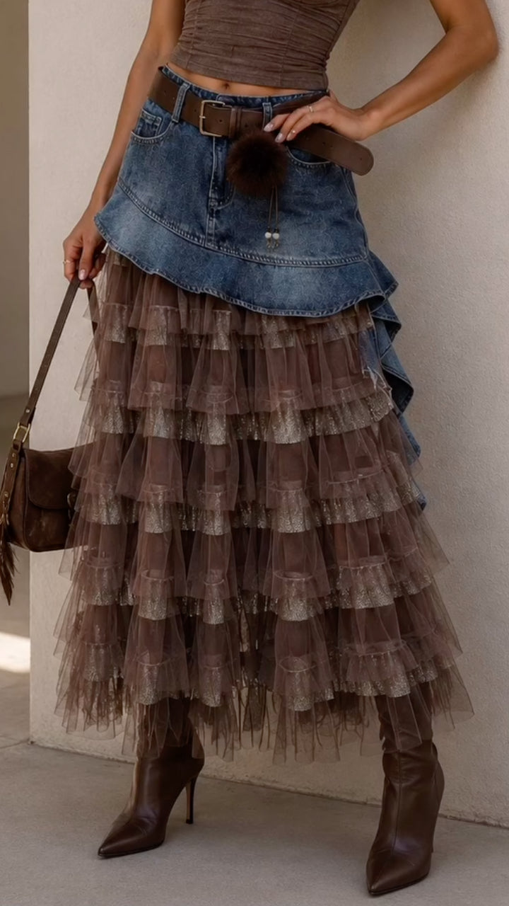 Denim Ruffle Top Layered Tulle Tiered Maxi Skirt