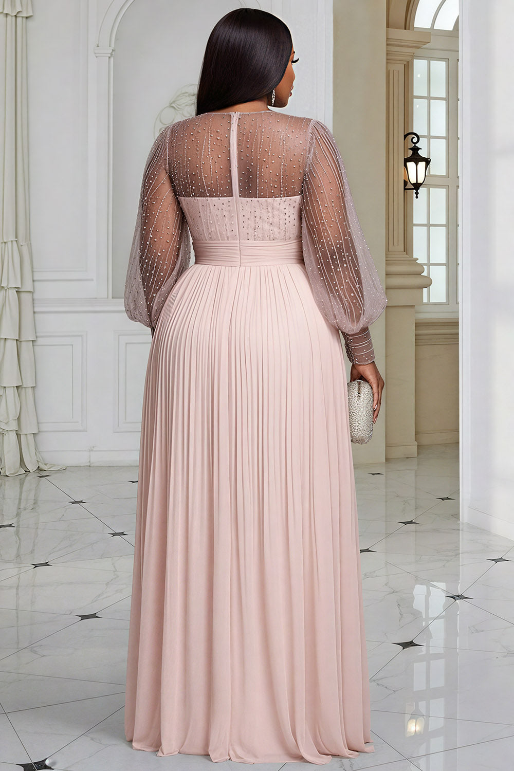 Formal  Round Neck Long Sleeve Split Elegant See Through Sequin Chiffon Maxi Dresses