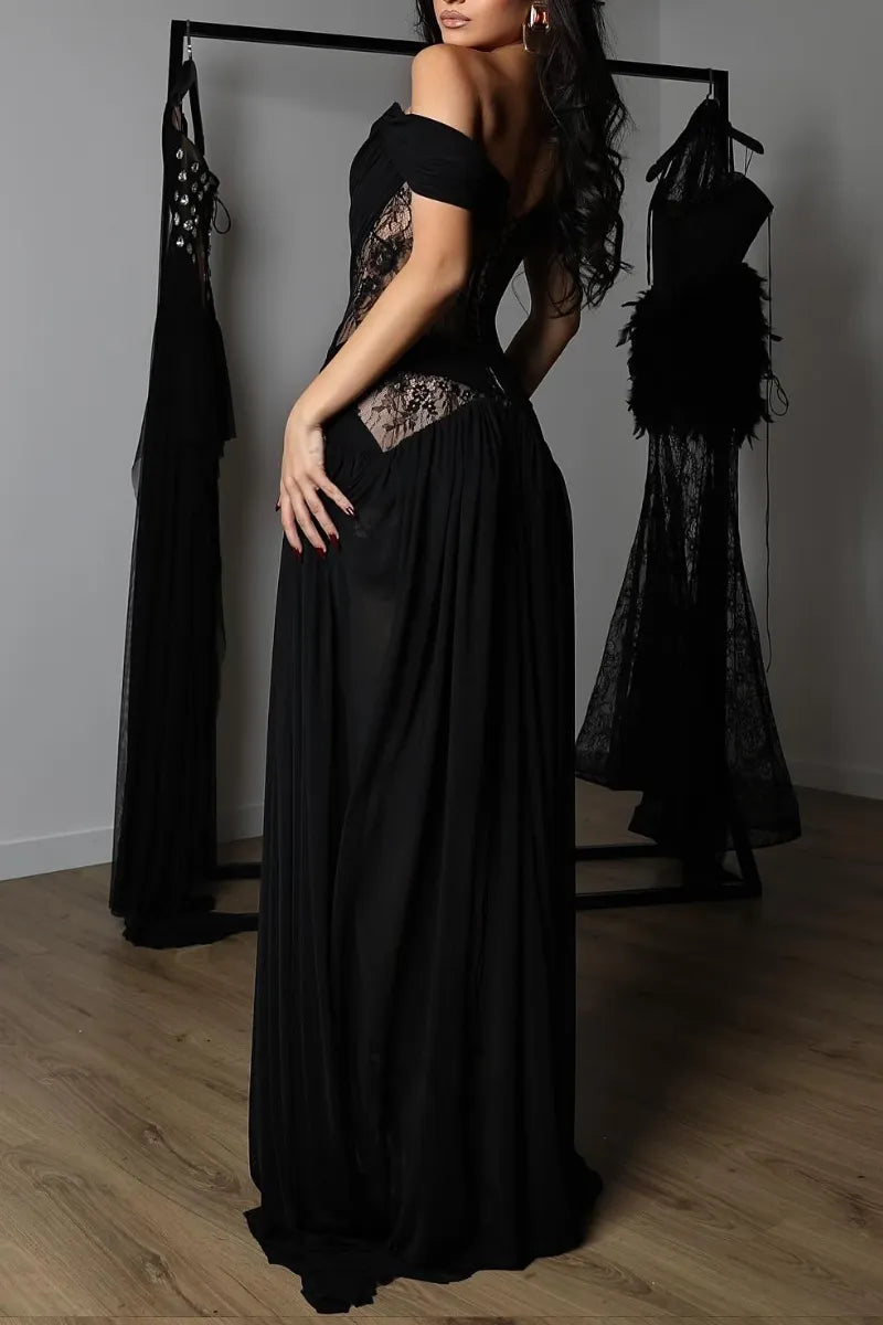 Off Shoulder Black Lace Chiffon Formal Maxi Dress