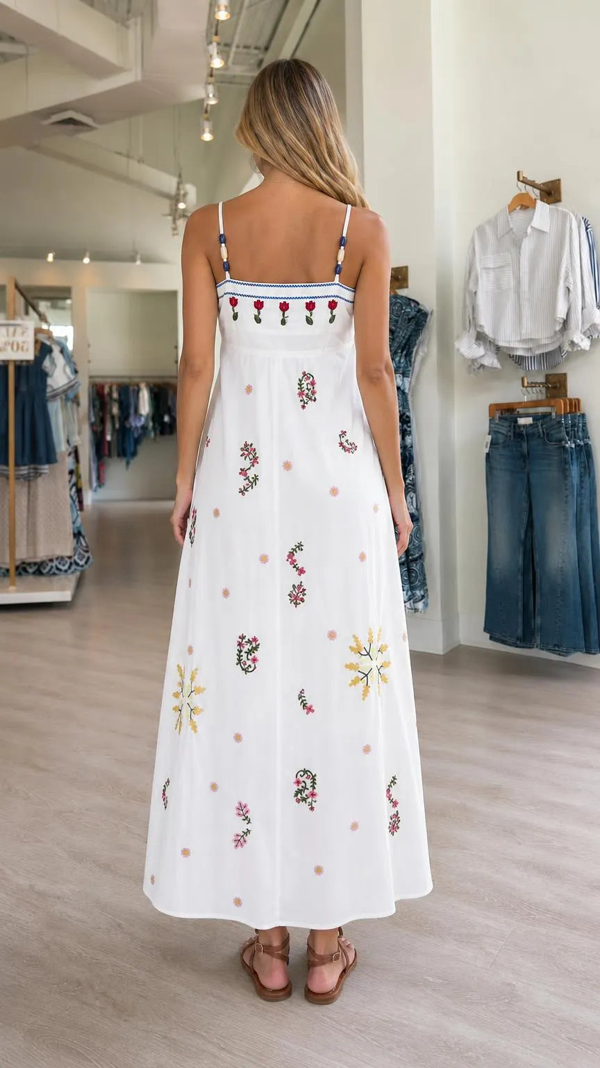 Women's Floral Embroidered Patchwork Spaghetti Strap Maxi Dress