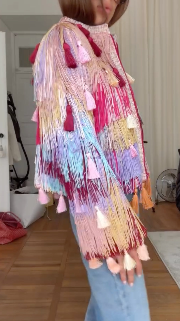Colorful Tassel Fringe Zip‑Up Boho Jacket