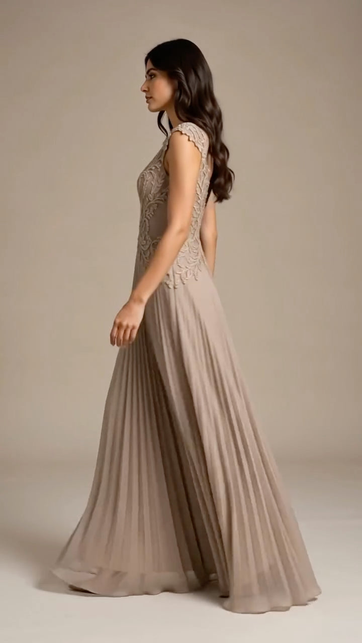 Taupe Cap‑Sleeve Lace Applique Chiffon Formal Gown