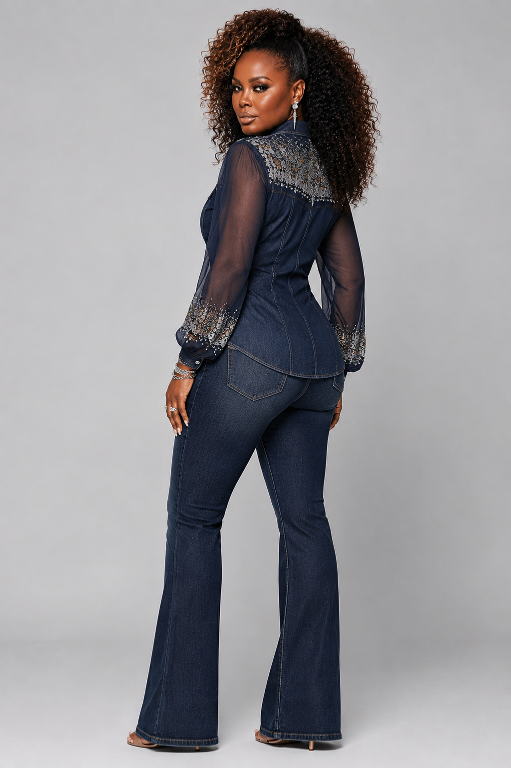 Embroidered Rhinestone Denim Chiffon Blouse