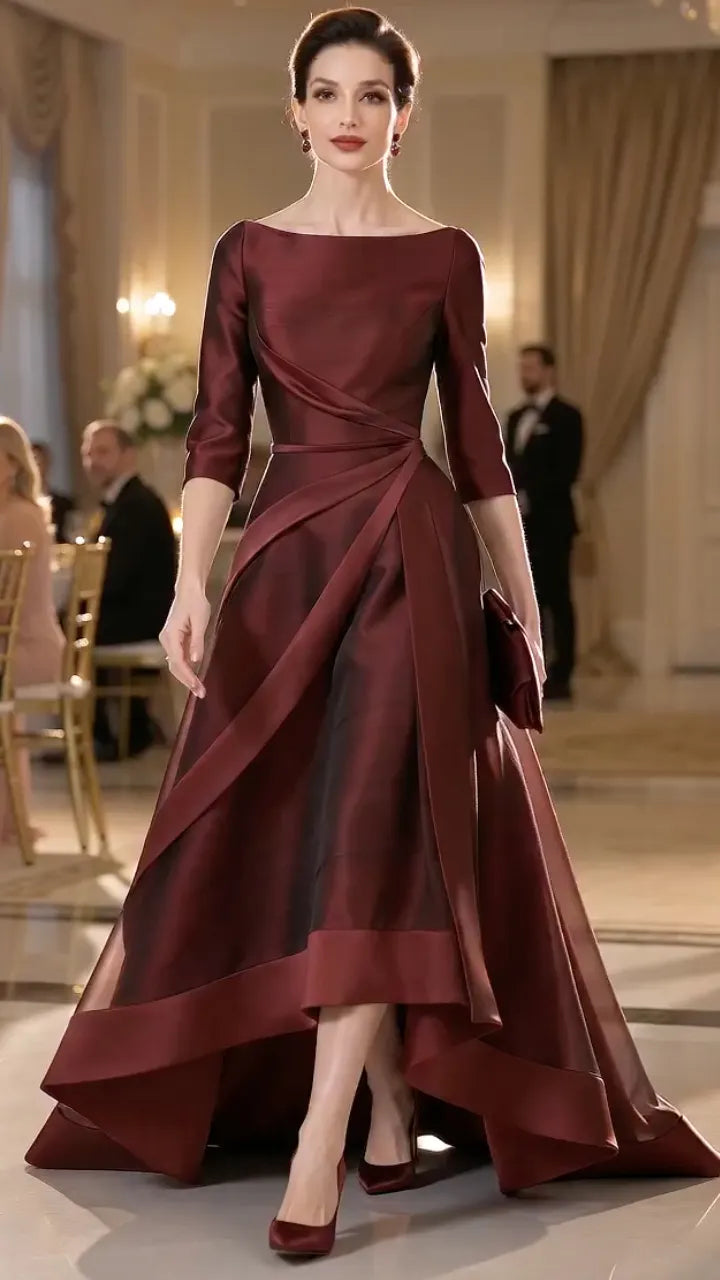 Burgundy Satin Draped High‑Low Formal Gown