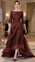 Burgundy Satin Draped High‑Low Formal Gown