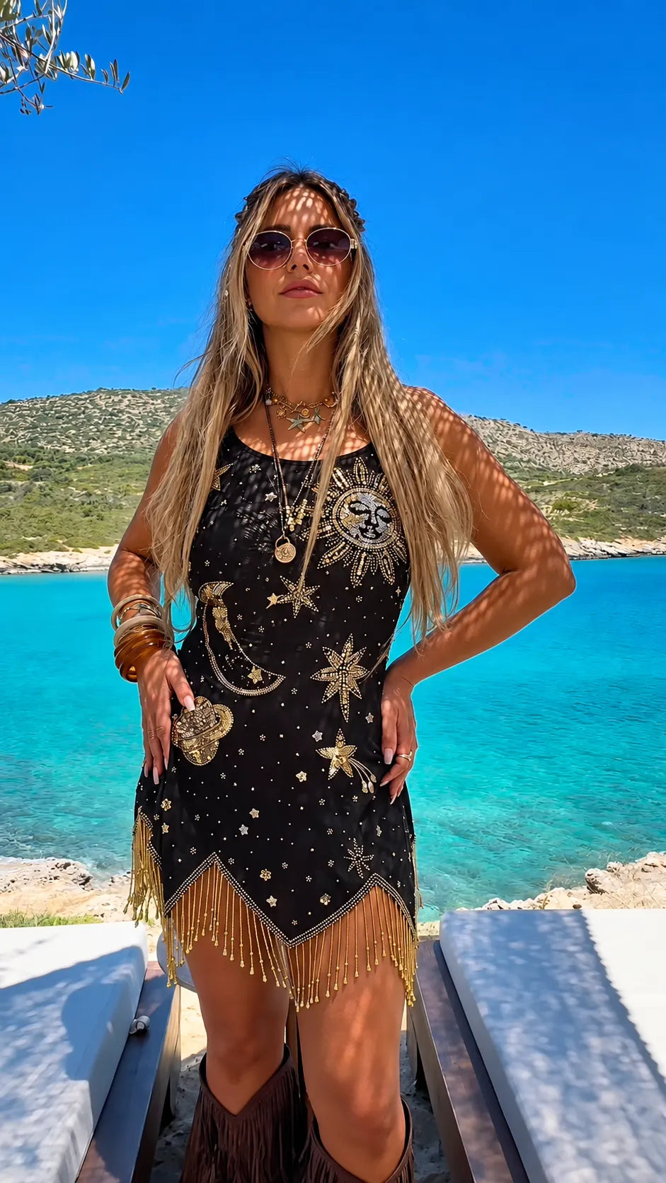 Celestial Sequin Tassel Mesh Slip Dress