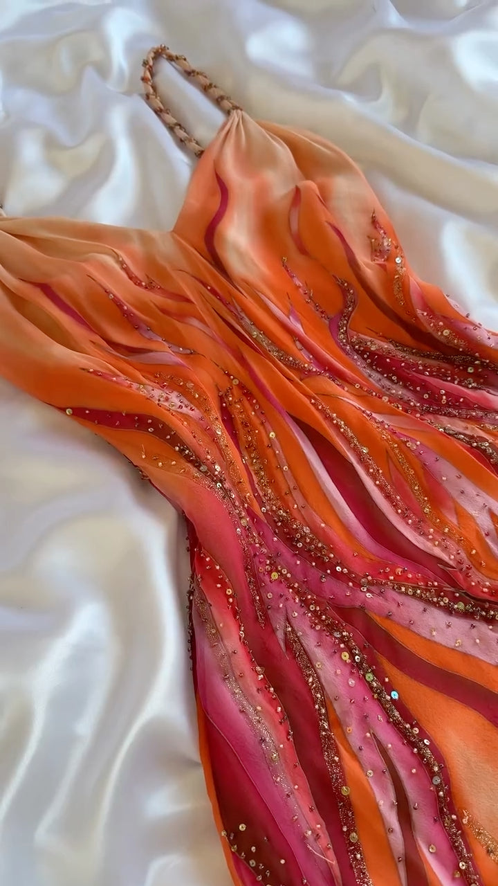 Tie‑Dye Beaded Ruffled Chiffon Midi Dress