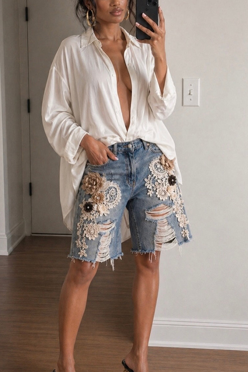 Women's Fashion 3D Floral Trim Ripped Cropped Jeans
