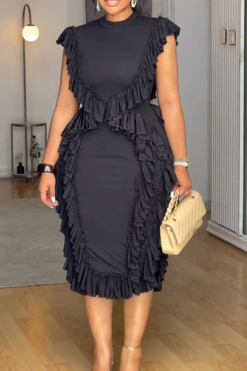 Women's Round Neck Patchwork Waist Cinching Solid Color Elegant Temperament Dress