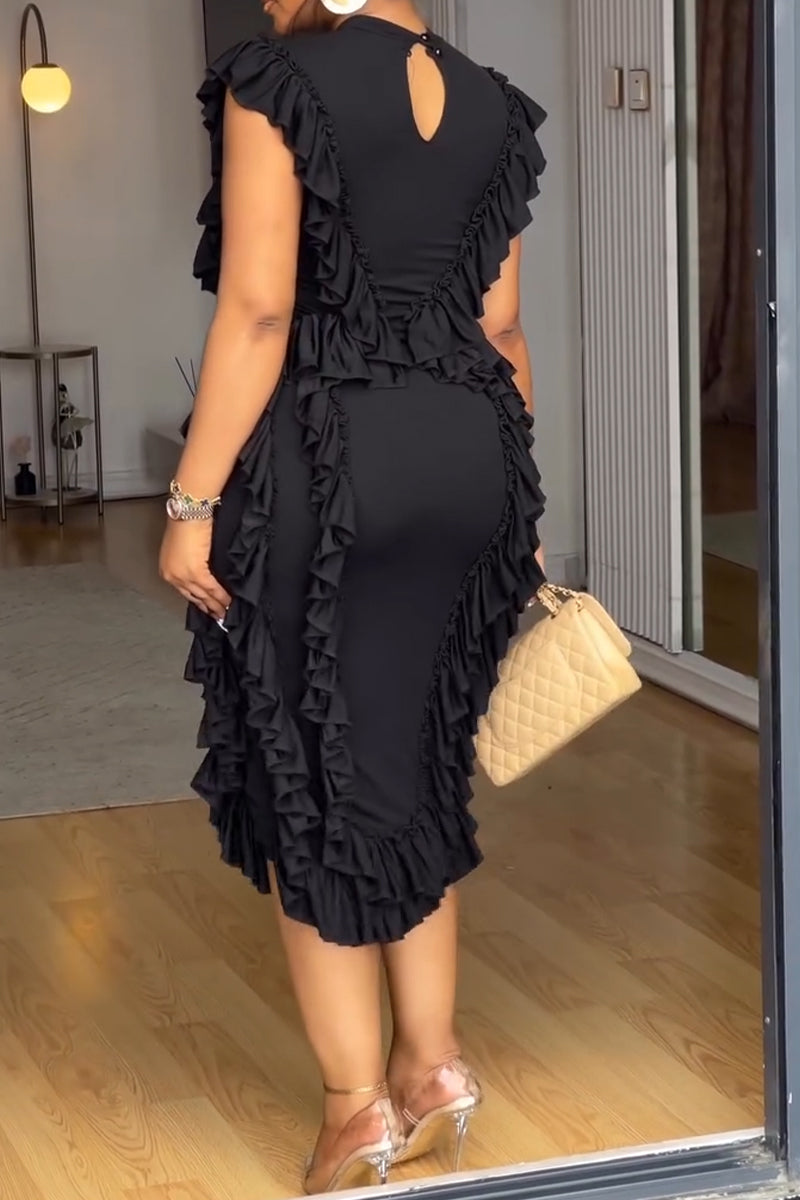 Women's Round Neck Patchwork Waist Cinching Solid Color Elegant Temperament Dress