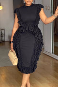 Women's Round Neck Patchwork Waist Cinching Solid Color Elegant Temperament Dress