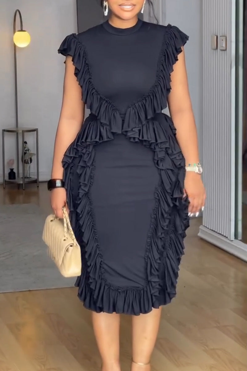 Women's Round Neck Patchwork Waist Cinching Solid Color Elegant Temperament Dress