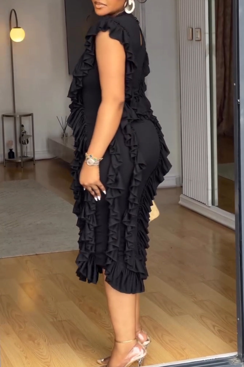 Women's Round Neck Patchwork Waist Cinching Solid Color Elegant Temperament Dress
