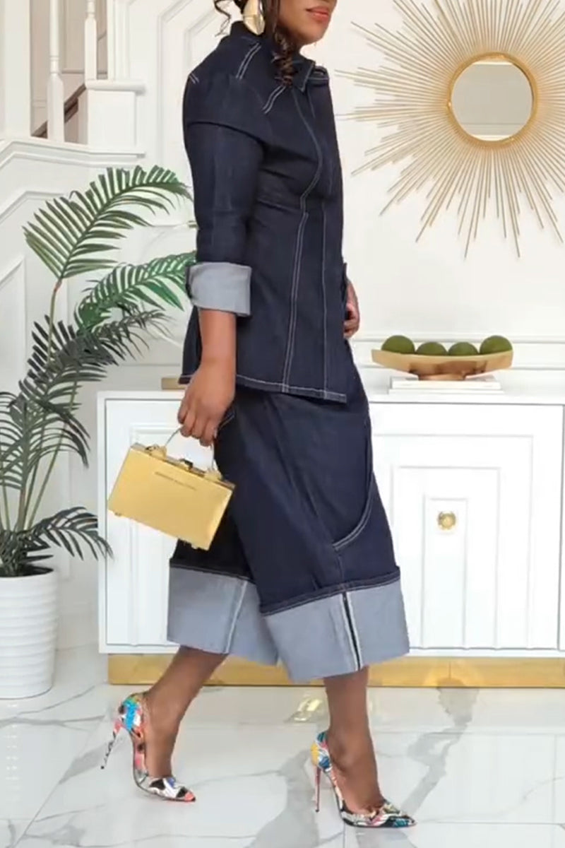 Women's Casual Denim Shirt or Midi Wide Leg Jeans