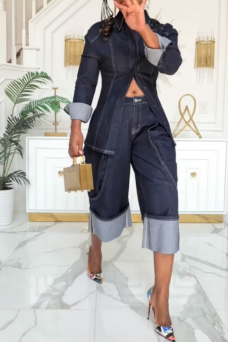 Women's Casual Denim Shirt or Midi Wide Leg Jeans