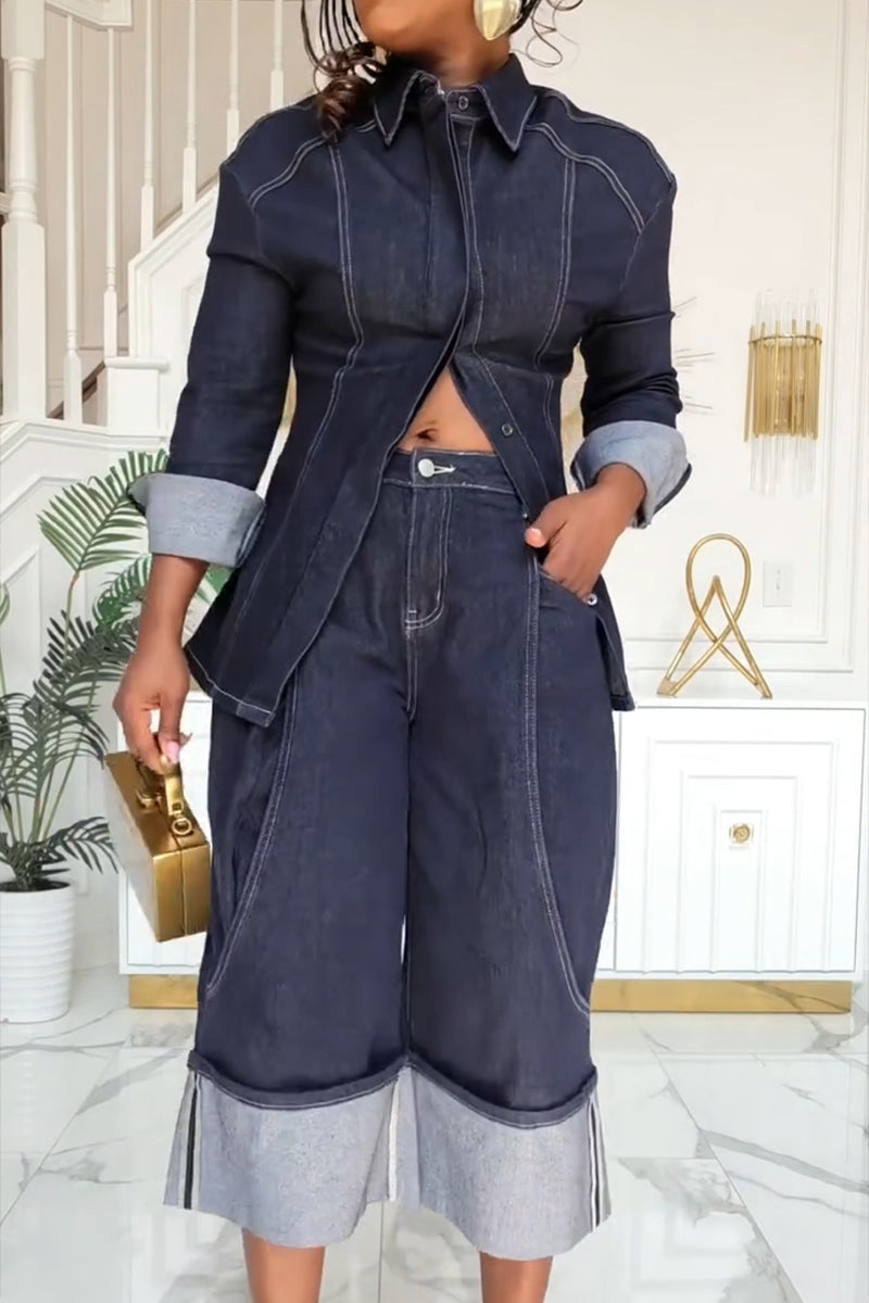 Women's Casual Denim Shirt or Midi Wide Leg Jeans