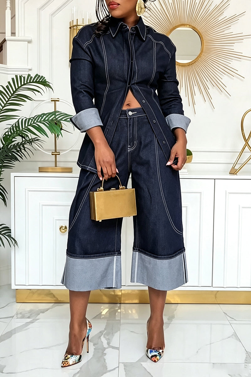 Women's Casual Denim Shirt or Midi Wide Leg Jeans