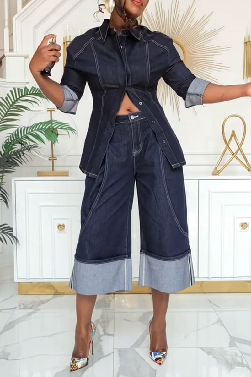 Women's Casual Denim Shirt or Midi Wide Leg Jeans