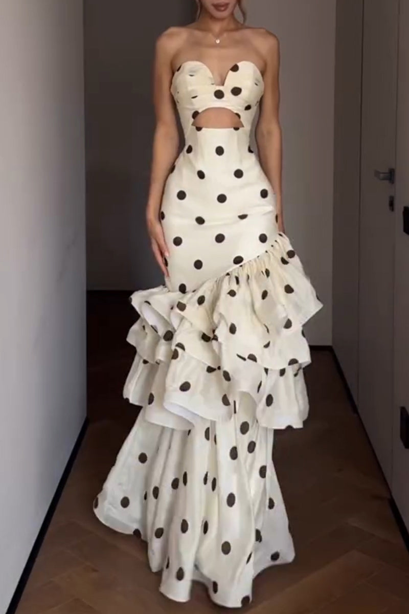 Women's Elegant Tiered Hem Polka Dot Strapless Maxi Dress