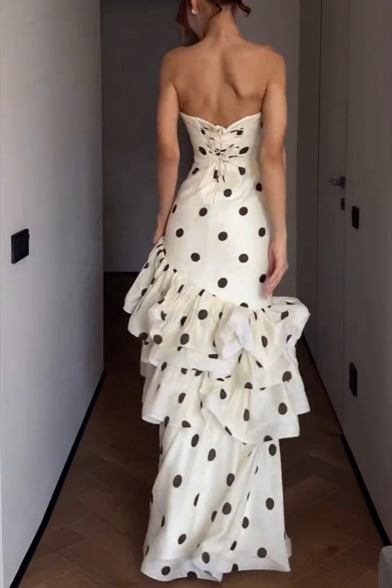 Women's Elegant Tiered Hem Polka Dot Strapless Maxi Dress