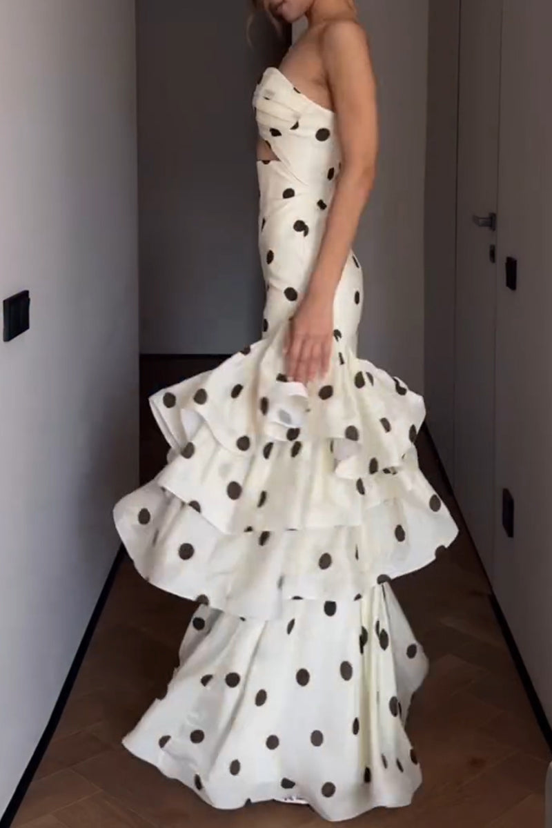 Women's Elegant Tiered Hem Polka Dot Strapless Maxi Dress
