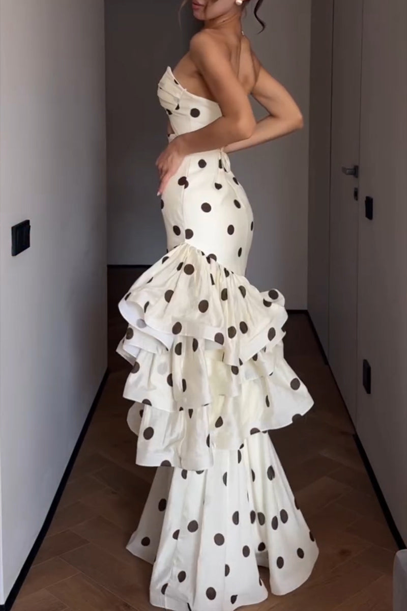 Women's Elegant Tiered Hem Polka Dot Strapless Maxi Dress