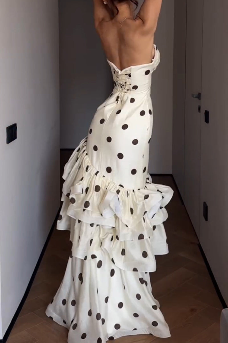 Women's Elegant Tiered Hem Polka Dot Strapless Maxi Dress