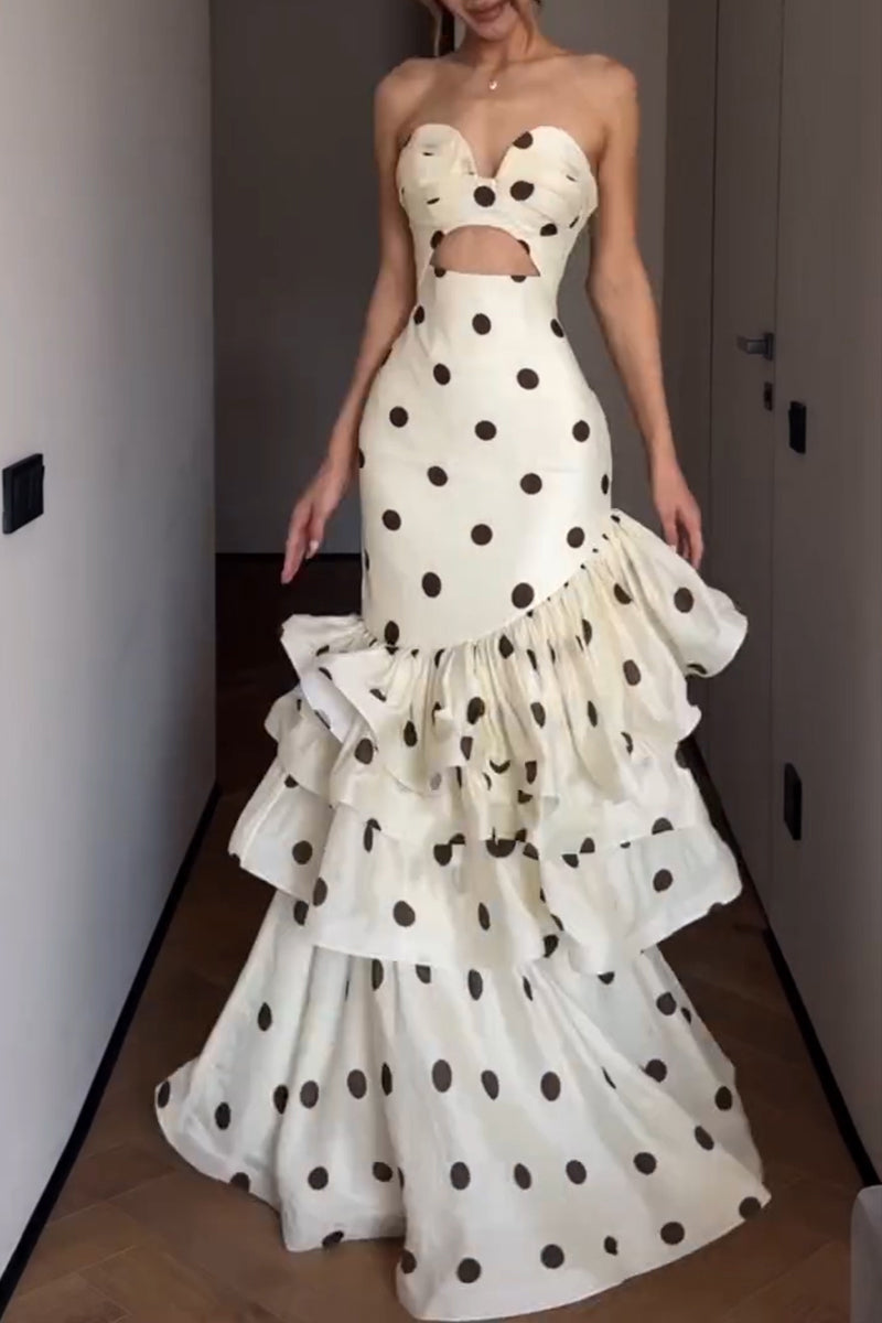 Women's Elegant Tiered Hem Polka Dot Strapless Maxi Dress