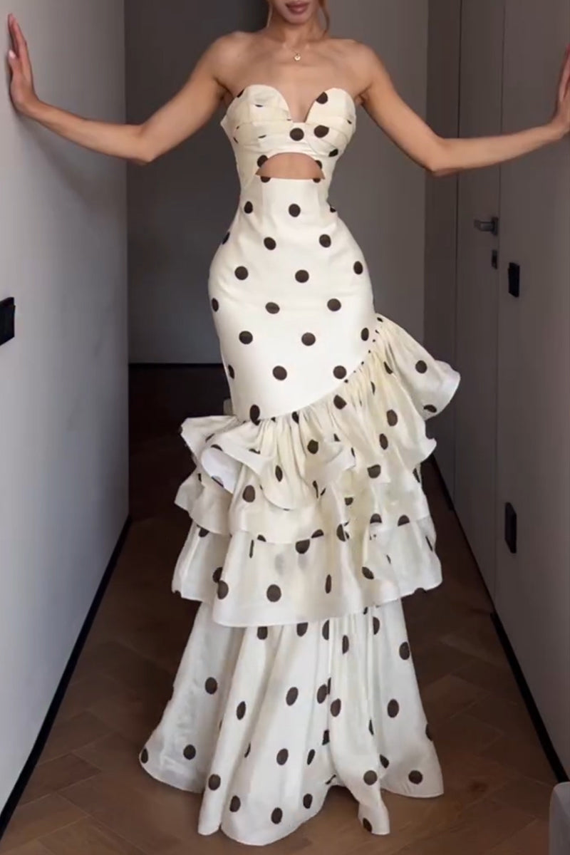 Women's Elegant Tiered Hem Polka Dot Strapless Maxi Dress