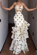 Women's Elegant Tiered Hem Polka Dot Strapless Maxi Dress