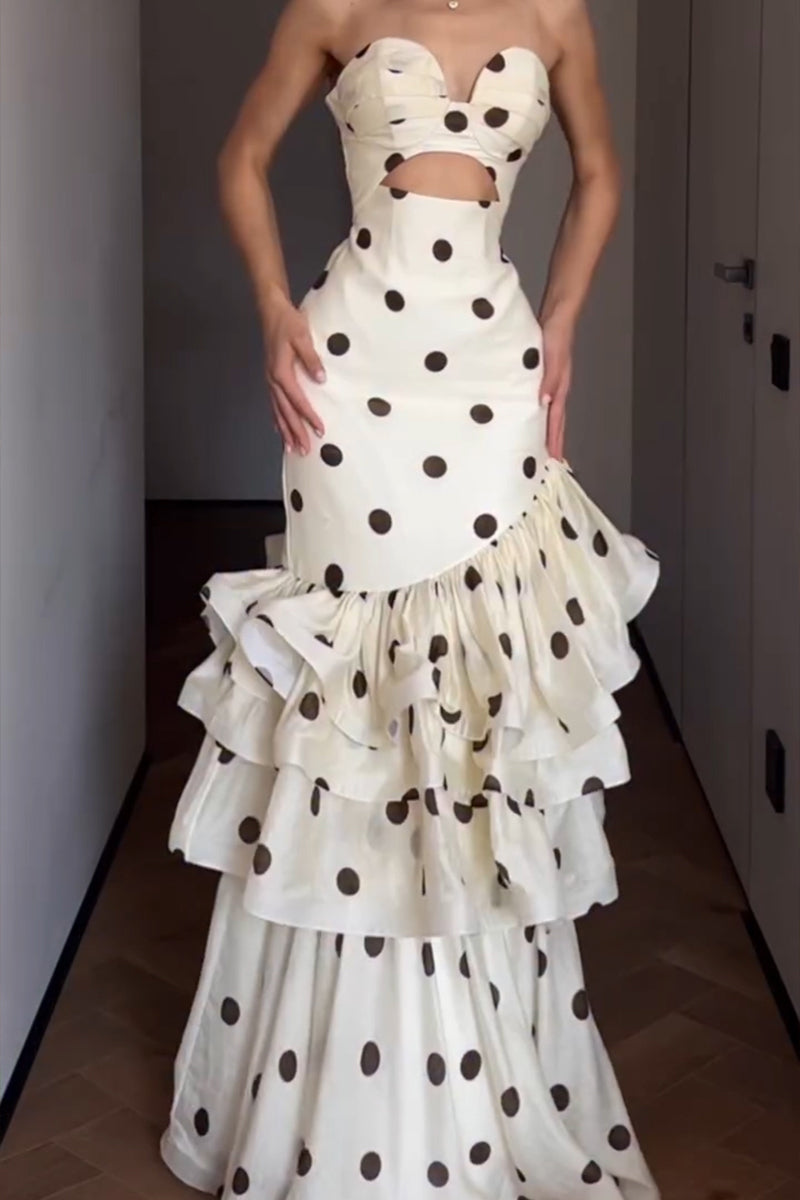 Women's Elegant Tiered Hem Polka Dot Strapless Maxi Dress