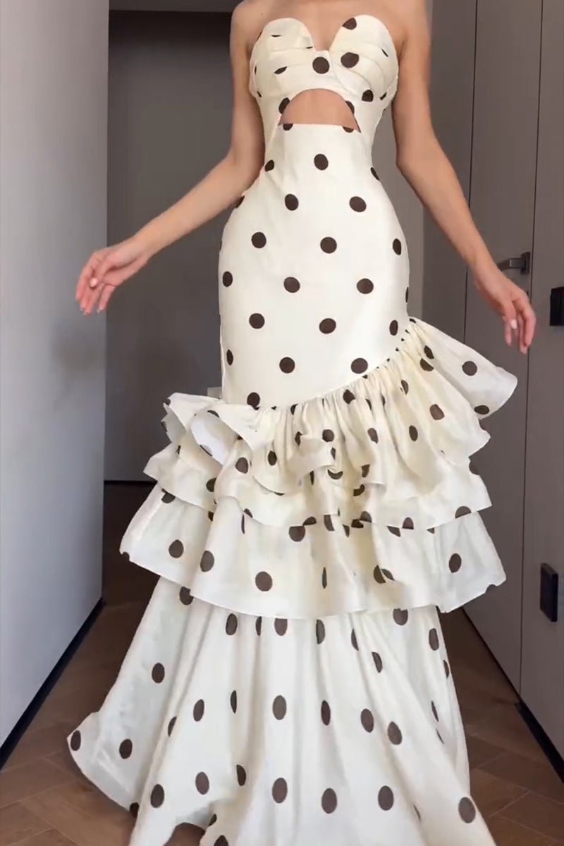 Women's Elegant Tiered Hem Polka Dot Strapless Maxi Dress