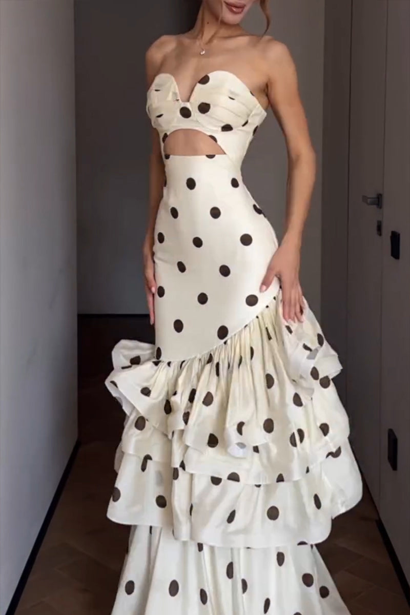 Women's Elegant Tiered Hem Polka Dot Strapless Maxi Dress