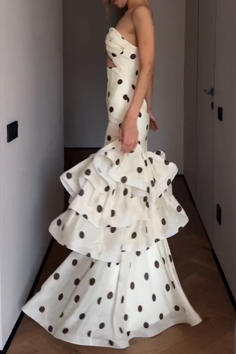 Women's Elegant Tiered Hem Polka Dot Strapless Maxi Dress