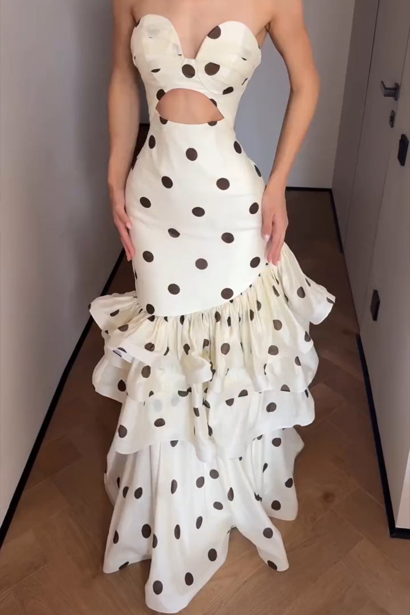 Women's Elegant Tiered Hem Polka Dot Strapless Maxi Dress