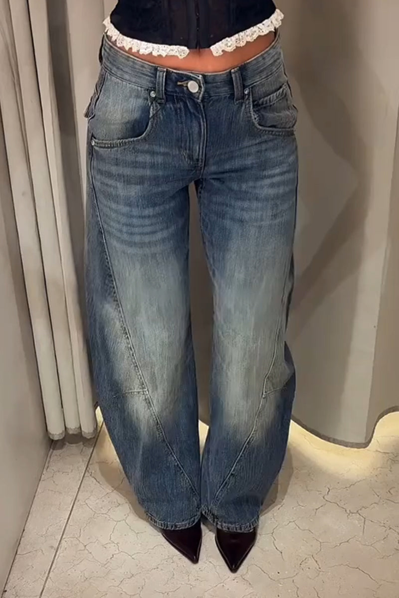 Women's Washed and Spliced Casual Wide Leg Jeans