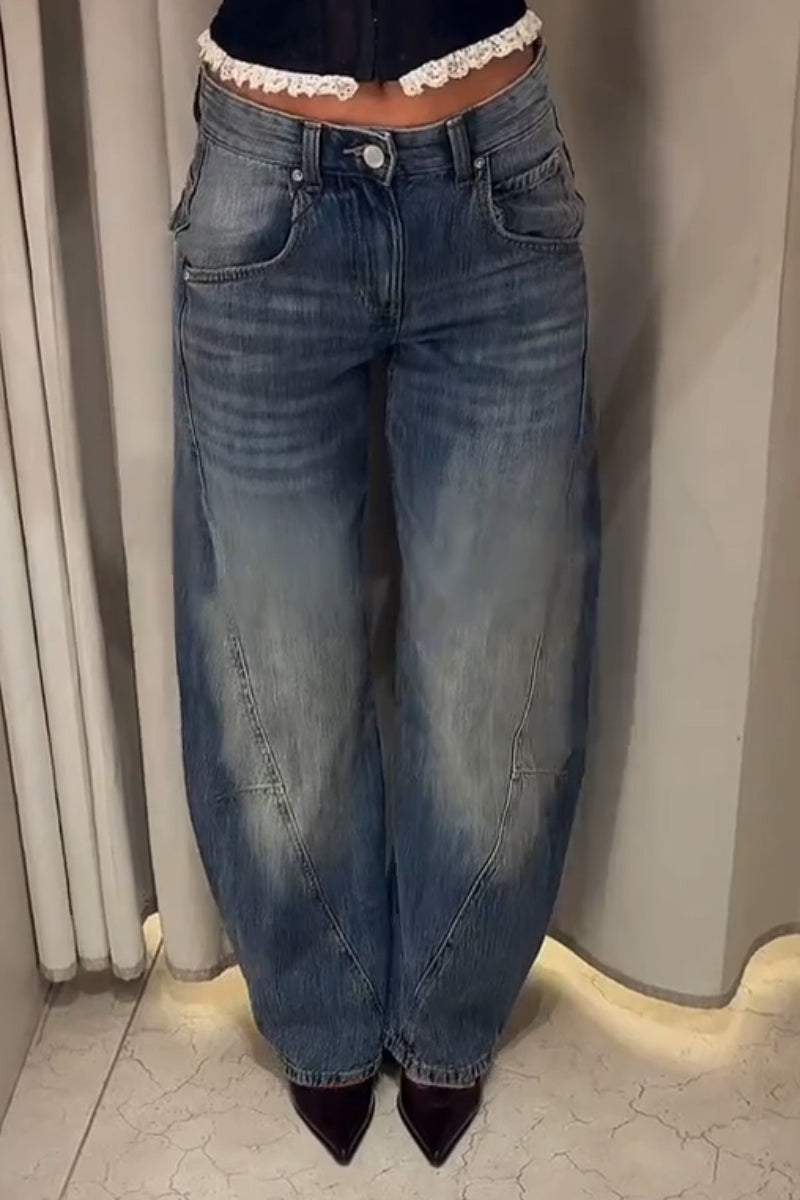 Women's Washed and Spliced Casual Wide Leg Jeans