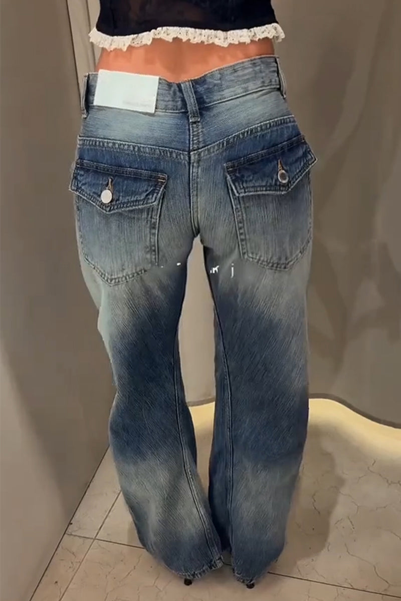 Women's Washed and Spliced Casual Wide Leg Jeans
