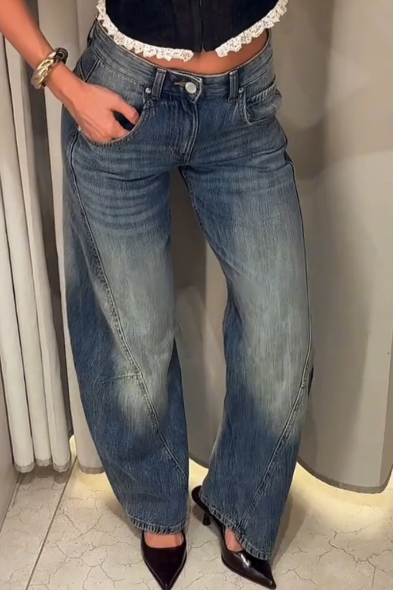 Women's Washed and Spliced Casual Wide Leg Jeans