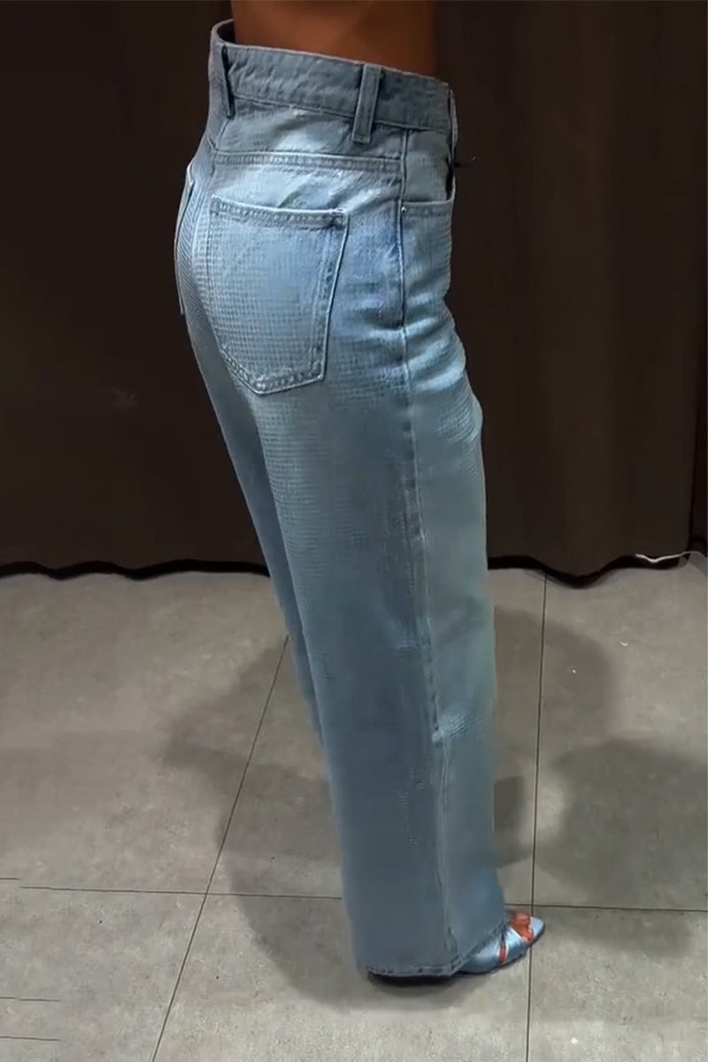 Women's Shiny Plaid Washed Casual Jeans