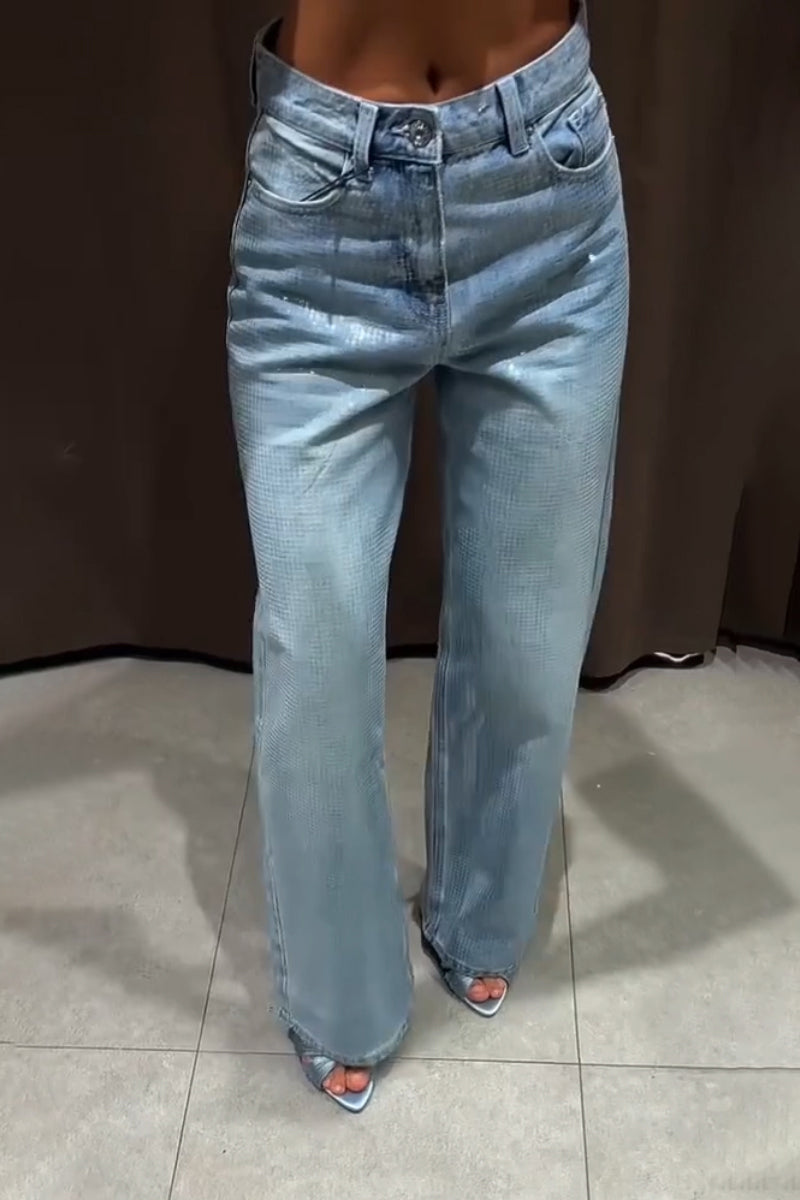 Women's Shiny Plaid Washed Casual Jeans