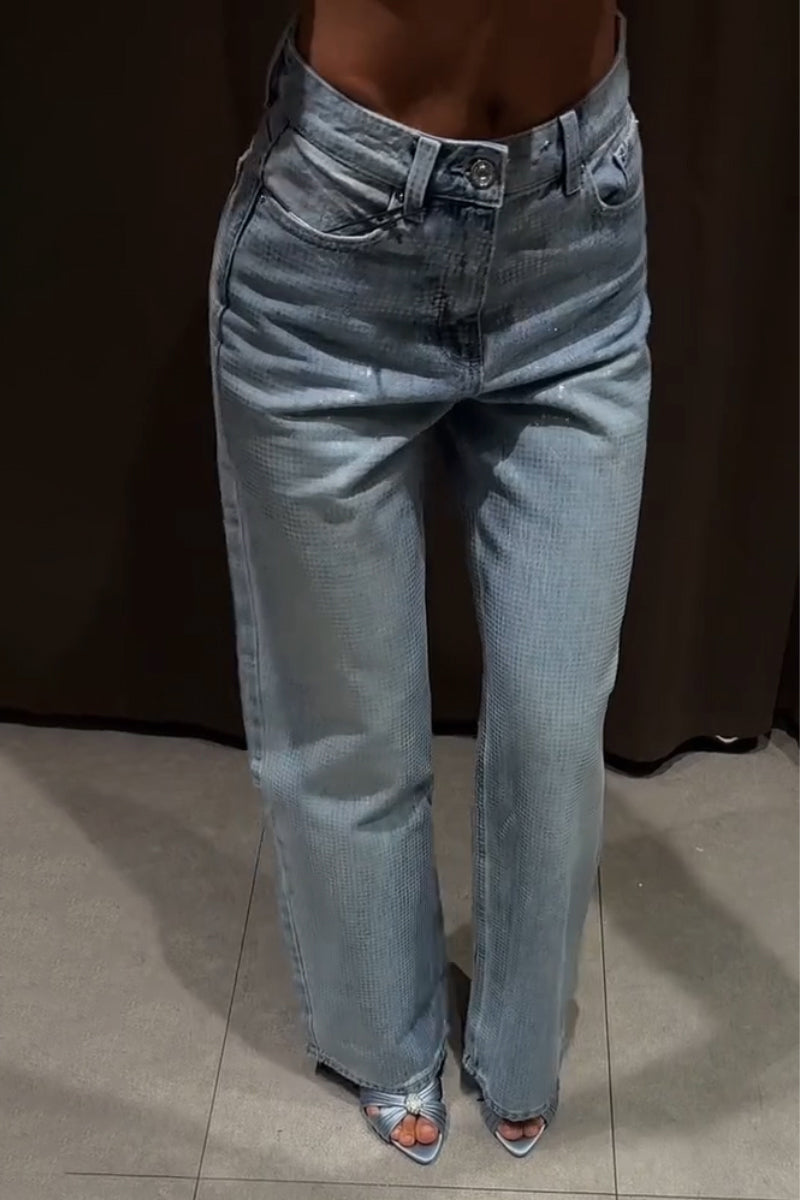 Women's Shiny Plaid Washed Casual Jeans